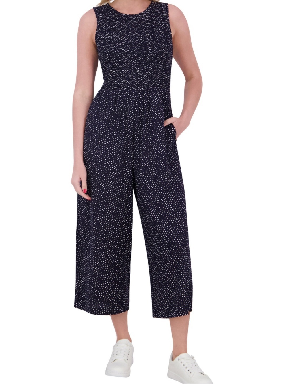 Andrew Marc Women's Polka Dot Sleeveless Navy Blue Jumpsuit L 100% Viscose